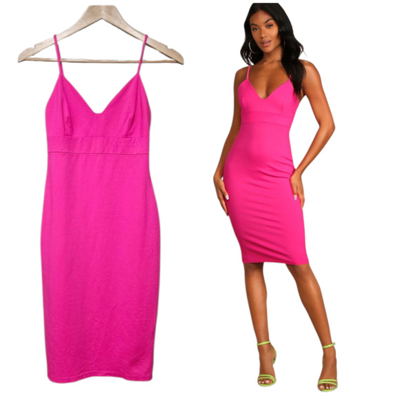Lulus Hot Pink Bodycon Midi Dress Size Small Spaghetti Strap Party - Picture 1 of 11